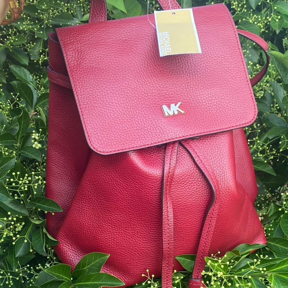 ❤️Michael Kors "Junie" Medium Pebbled Leather Backpack Red/Maroon Bag Purse Tote